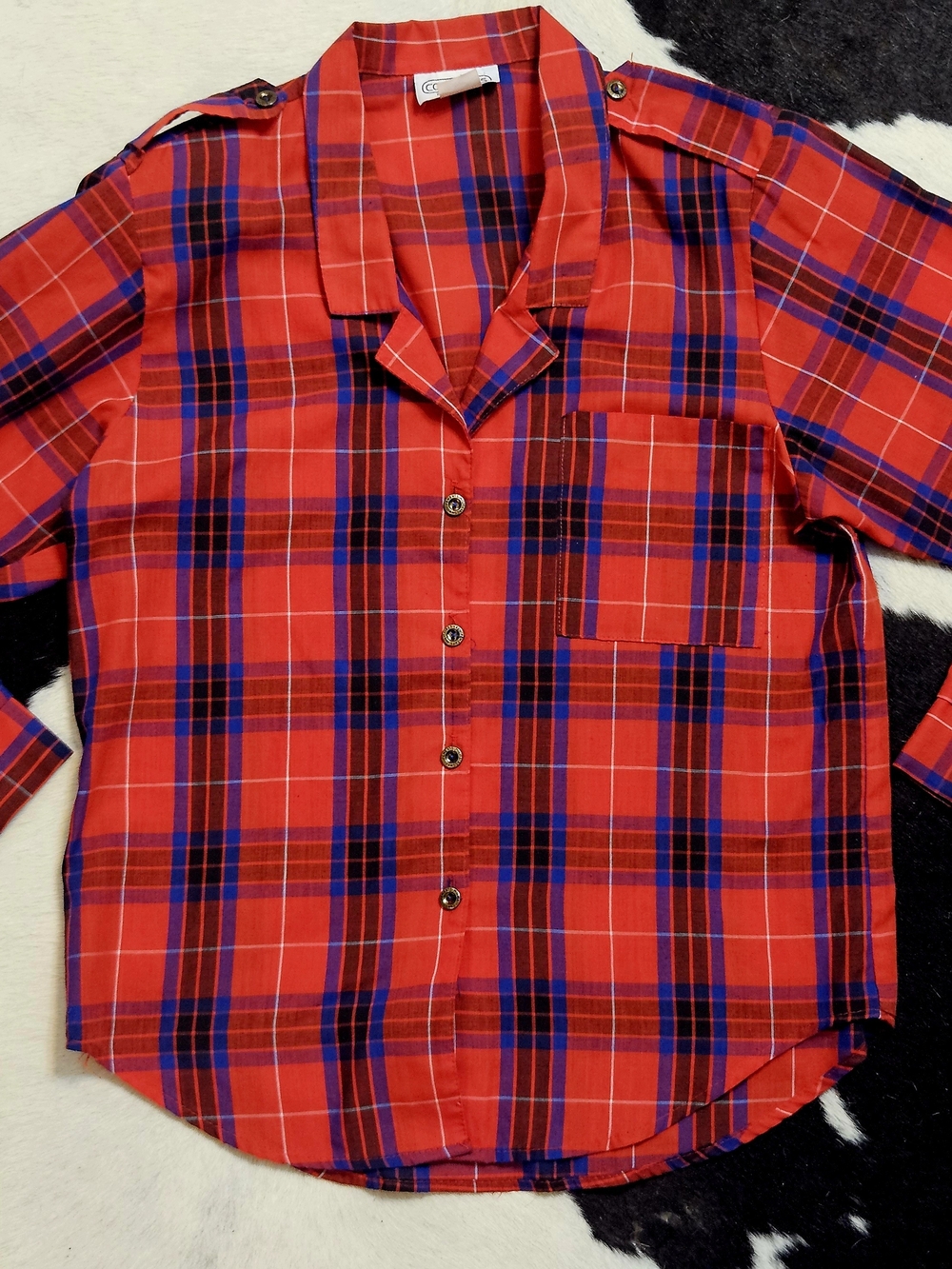 Vintage 1980s Red Plaid Button-Front Relaxed Shirt S/M Roll Sleeve Shoulder Pads